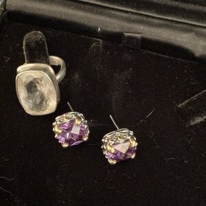 Elegant Sterling Silver Faceted Crystal Ring and Amethyst Jewelry Set